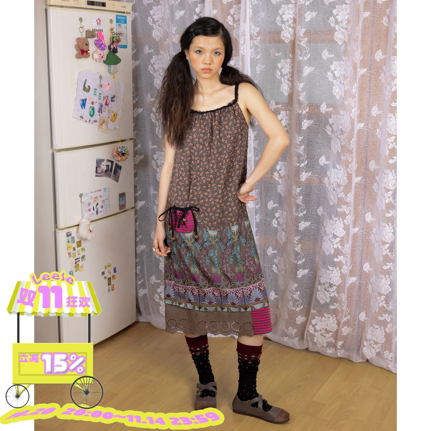 leele Retirement Paradise植物花纹透纱拼接吊带连衣裙2色