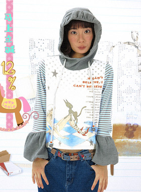 coconut系列 leele*章鱼草 黑猫女孩杂志内页印花连帽卫衣