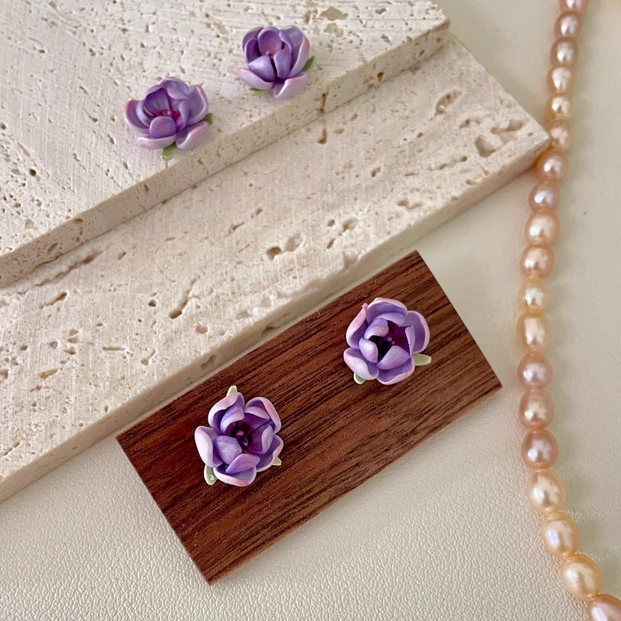 原创设计紫色花朵手作耳钉耳夹