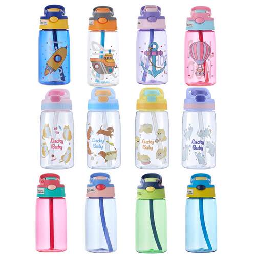 480ML Kids Drinking Straw Water Bottle Cartoon Children Sipp
