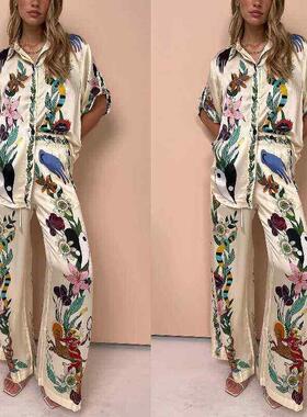 Printed satin short sleeved shirt+pants two-piece set 套装