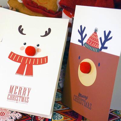 Reindeer Snowman Pom Pom Card Cute Christmas Greeting