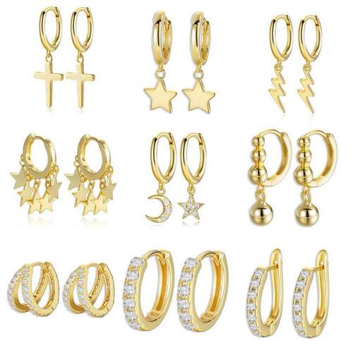 925 Sterling Silver Earrings Gold Color cross Moon Star CZ Z