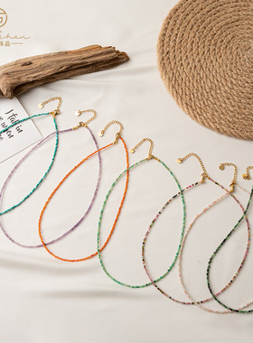 小众设计感甜酷风串珠叠戴项链彩色极简百搭超细天然石锁骨链