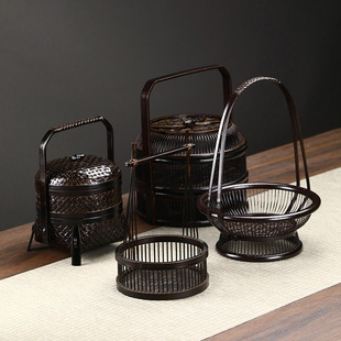 竹编日式大漆复古食盒收纳筐圆形带盖茶具收纳盒漆器礼品篮手提篮