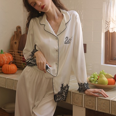 真丝睡衣天鹅烫钻轻奢性感睡衣