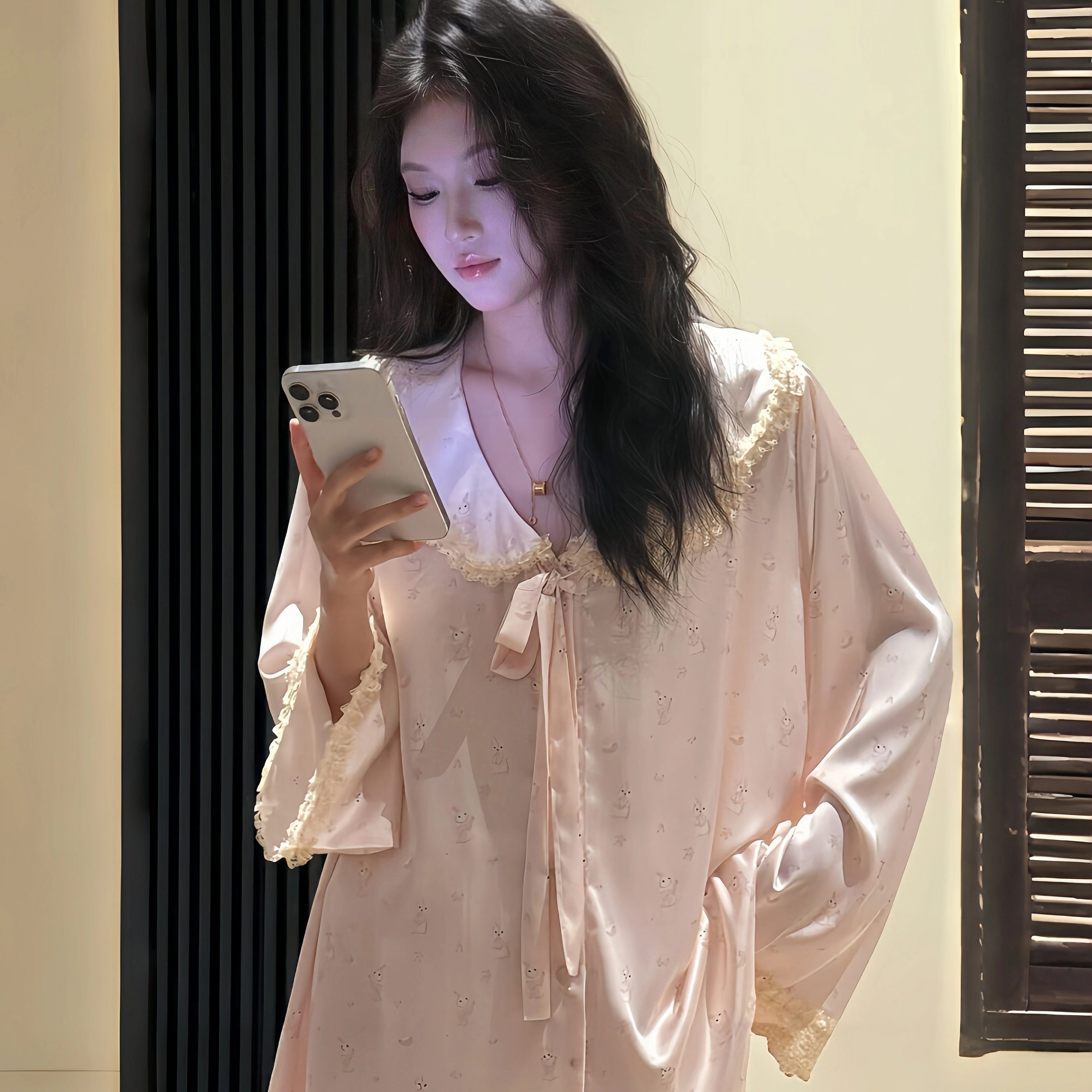 甜美碎花小兔真丝睡衣可外穿套装