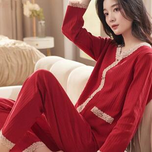 纯棉红色睡衣女高级感2025秋冬新款本命年结婚长袖大码宽松家居服
