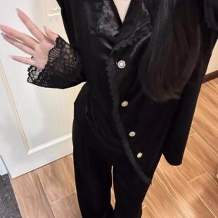 专柜法式高级金丝绒睡衣女冬季新款蕾丝花边加绒保暖家居服套装冬