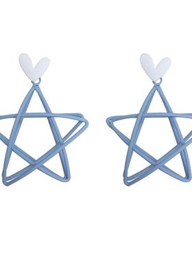 小清新蓝色耳钉镂空五角星星耳环少女可爱耳饰桃心爱心无耳洞耳夹