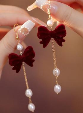 喜庆红色丝绒蝴蝶结耳钉女气质甜美花朵耳环长款流苏耳饰耳坠秋冬