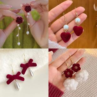 耳饰婚礼配饰2025新款 新娘耳环超仙酒红色蝴蝶结耳钉简约时尚 个性