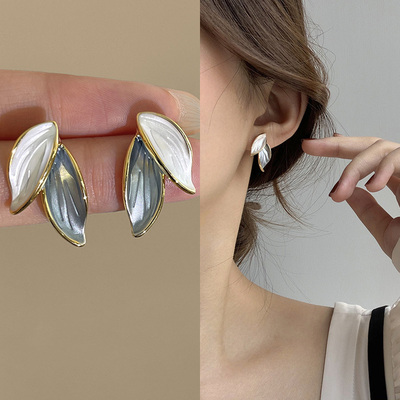 冷淡风耳钉蓝白叶子树叶耳环