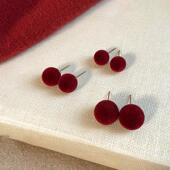 简约高级感酒红丝绒圆球耳钉女温柔独特个性 精致时尚 百搭耳环耳饰