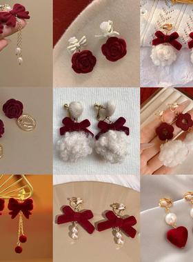 轻奢复古秋冬红色丝绒耳夹无耳洞玫瑰珍珠耳环气质高级新款耳饰女