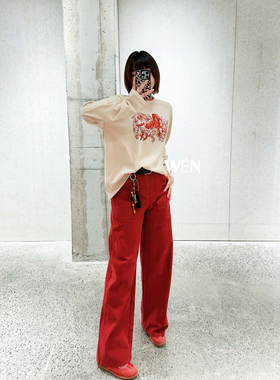 WEN买手店 AVVENN  2025新款休闲腰带阔腿牛仔裤 红色
