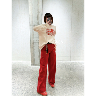 休闲腰带阔腿牛仔裤 2025新款 红色 AVVENN WEN买手店