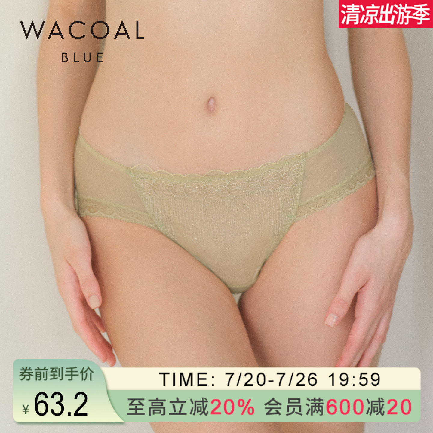 华歌尔Wacoal 性感清透刺绣中低腰三角裤内裤女 WP3453