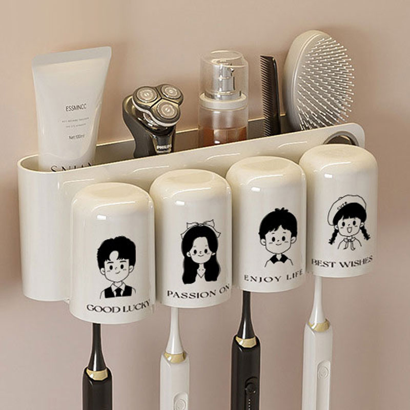 家庭牙刷架子置物架儿童杯子漱口杯壁挂一家三口四口牙杯刷牙套装