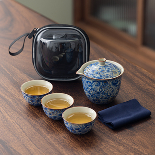 户外汝窑一壶三杯快客杯随身包套装 功夫泡茶旅行茶具便携式 定制
