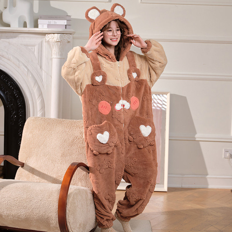 小熊连体睡衣女冬季珊瑚绒加厚加绒可爱毛绒冬天新款法兰绒家居服