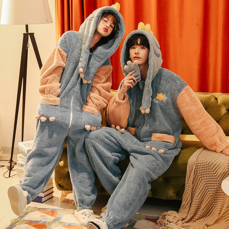连体情侣睡衣秋冬季加厚珊瑚绒女士可爱法兰绒冬天家居服男款套装