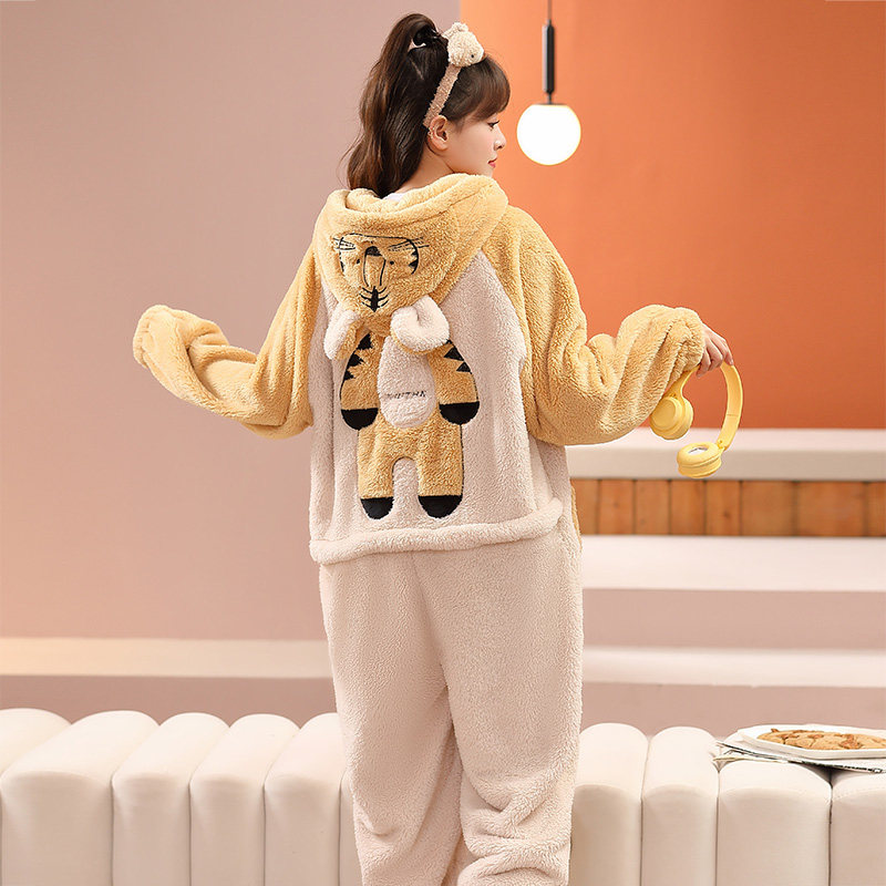 可爱老虎连体睡衣女冬季加绒加厚珊瑚绒毛绒保暖连帽家居服可外穿