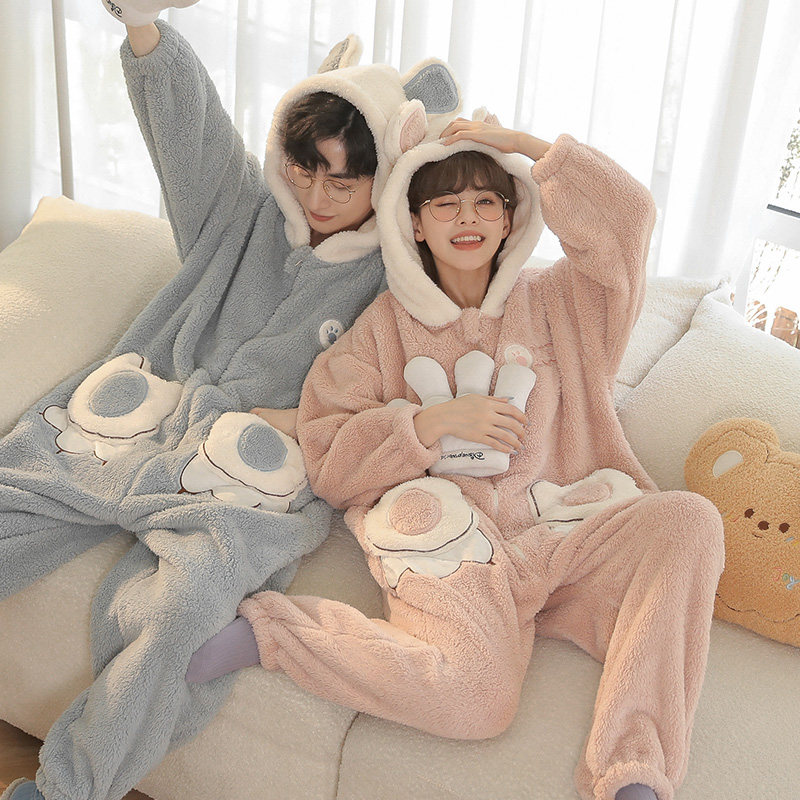 情侣连体睡衣女冬天加厚加绒珊瑚绒秋冬季可爱毛绒男士法兰绒套装