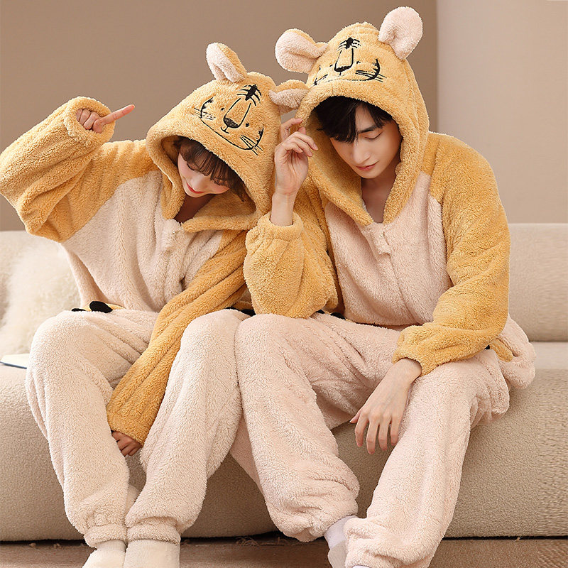 珊瑚绒卡通连体睡衣女情侣秋冬季学生可爱动漫老虎法兰绒家居服男
