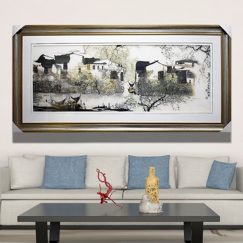 顾氏手工苏州刺绣水墨江南画 江南水乡风景横幅客厅办公室装饰画