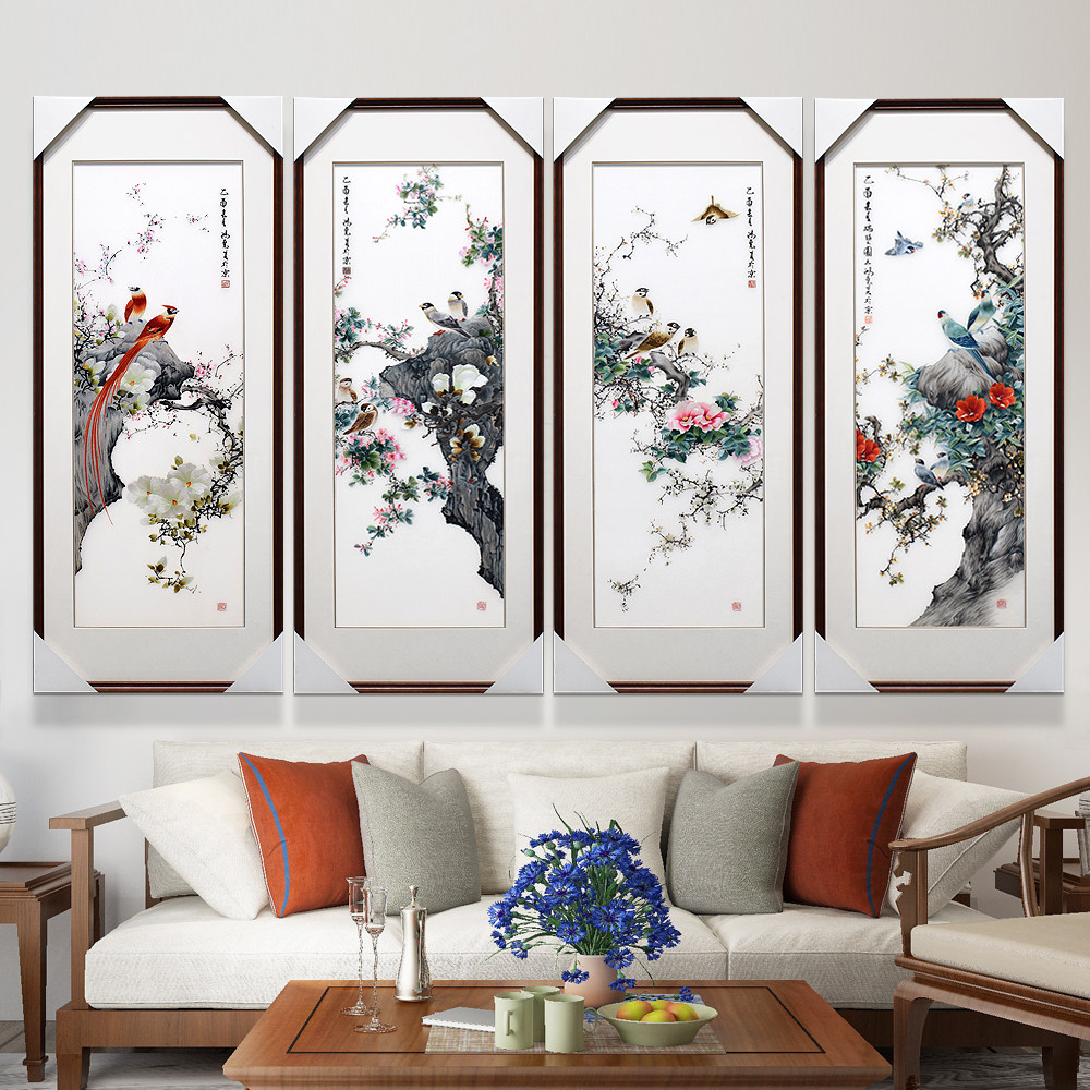 43*103顾氏手工苏绣花鸟 鸟语花香 竖版四联画刺绣条屏客厅挂画