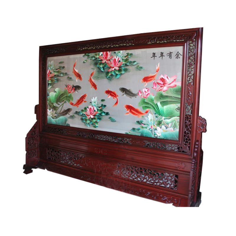 190*250苏绣双面绣荷花鲤鱼,双面绣鱼,落地屏风,菠萝梗架