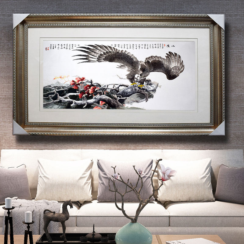 80*135顾氏手工苏绣大鹏展翅老鹰新中式沙发办公背景墙壁装饰挂画