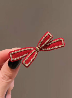 法式复古红色蝴蝶结侧边少女刘海发夹水钻碎发夹子头饰边夹鸭嘴夹