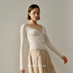 enndou2026春装 100%纯山羊绒精纺排扣V领上衣原创长袖 针织衫 新款