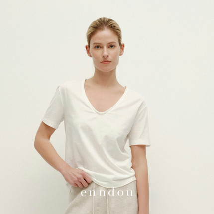 enndou 100%匹马棉上衣女装V领短袖宽松休闲夏季新款纯色T恤白