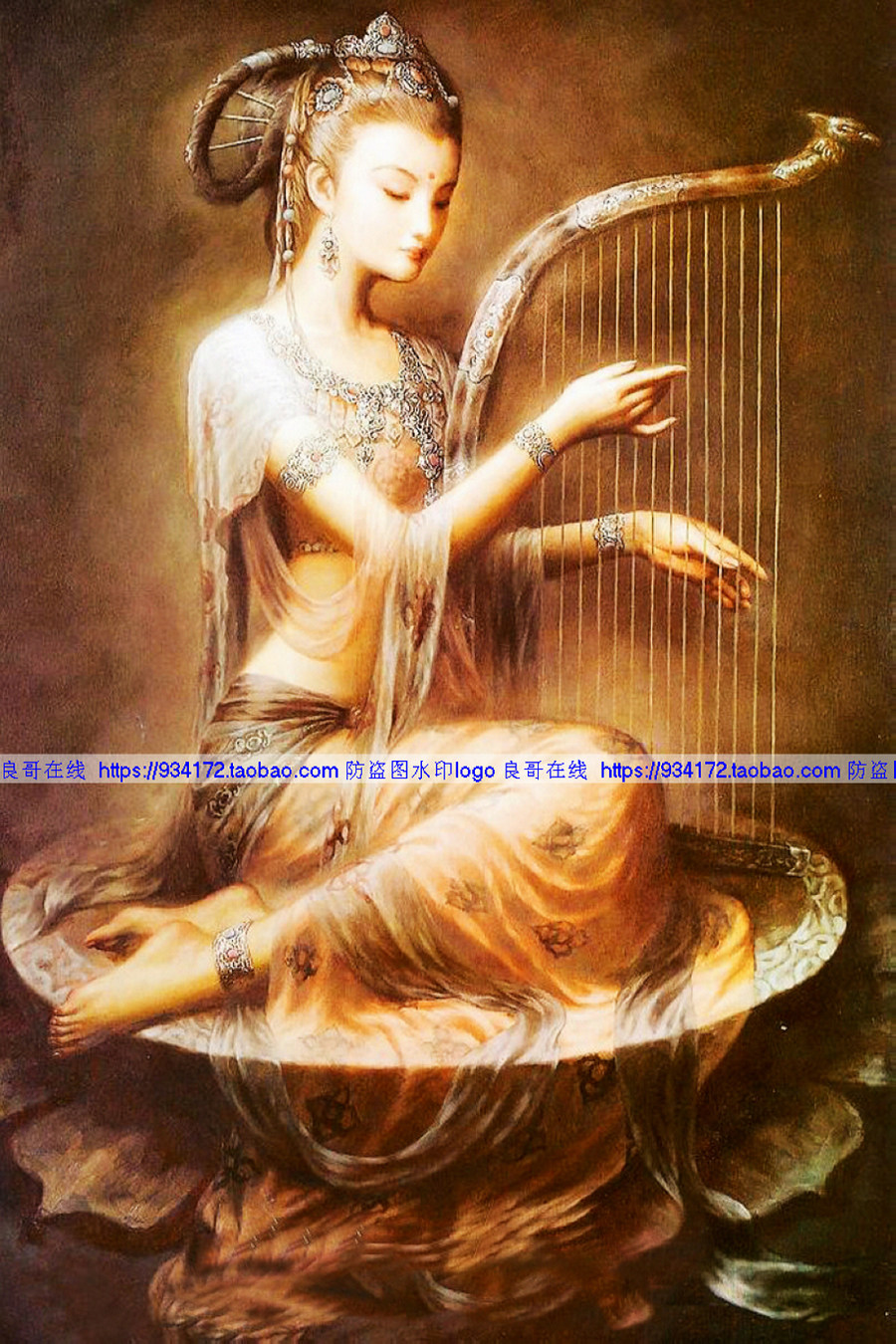 线绣 敦煌飞天壁画 仕女弹琴 美女仙女女仙十字绣 仕女莲台抚琴图