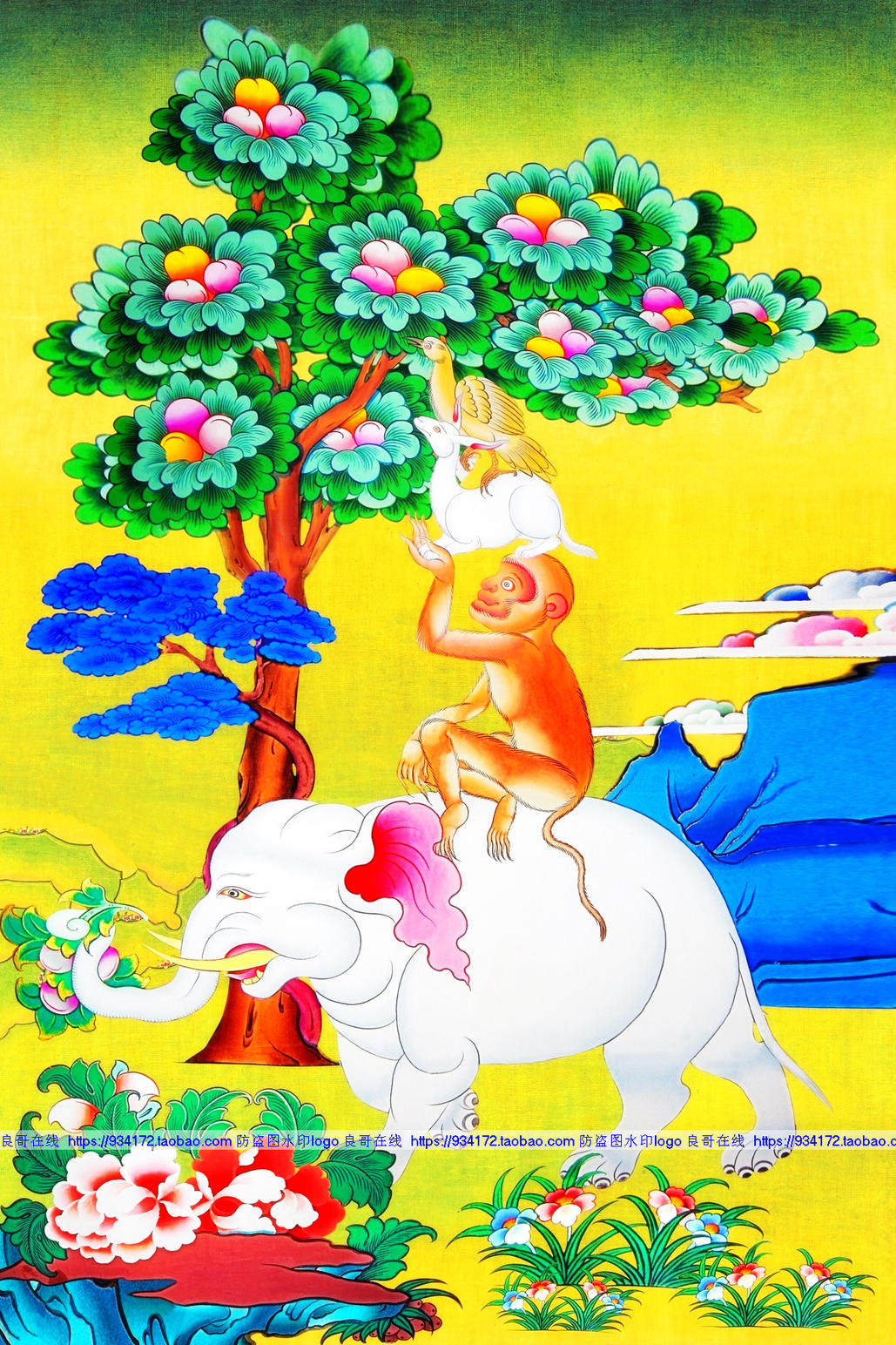 线绣 满绣印花 藏族唐卡大象猴子和睦四瑞十字绣 吉祥四瑞