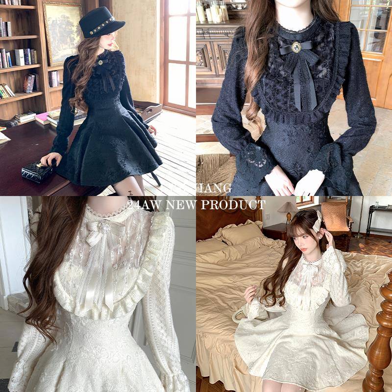 SISI JIANG 昭和千金 双色小香风拼接重工针织蕾丝收腰连衣裙