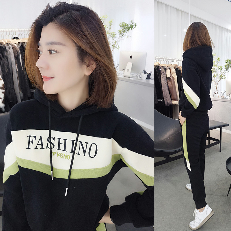 欧洲站2020新款秋装欧货潮春款洋气拼色卫衣套装女运动休闲两件套