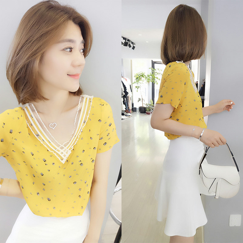 欧洲站2020新款夏时尚潮流女装气质V领雪纺衫女短袖黄色碎花上衣