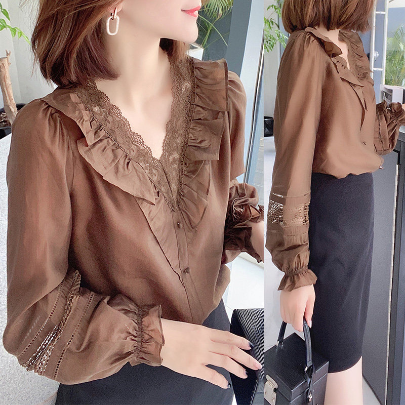 欧洲站秋装2020新款欧货秋款蕾丝拼接上衣气质衬衣高端衬衫女V领