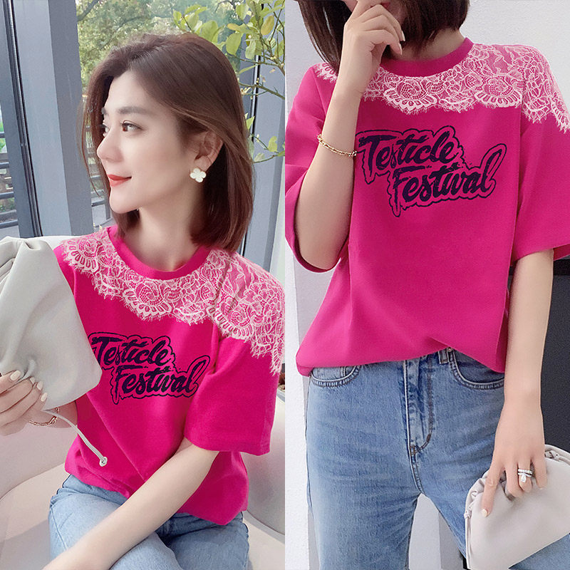 欧洲站2020新款夏装欧货潮半袖拼接蕾丝个性女上衣玫红色短袖T恤