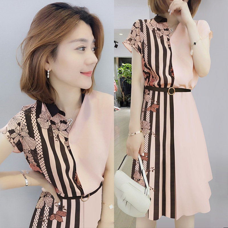 欧洲站2020新款夏装欧货潮女人夏天裙子束腰衬衫裙条纹雪纺连衣裙