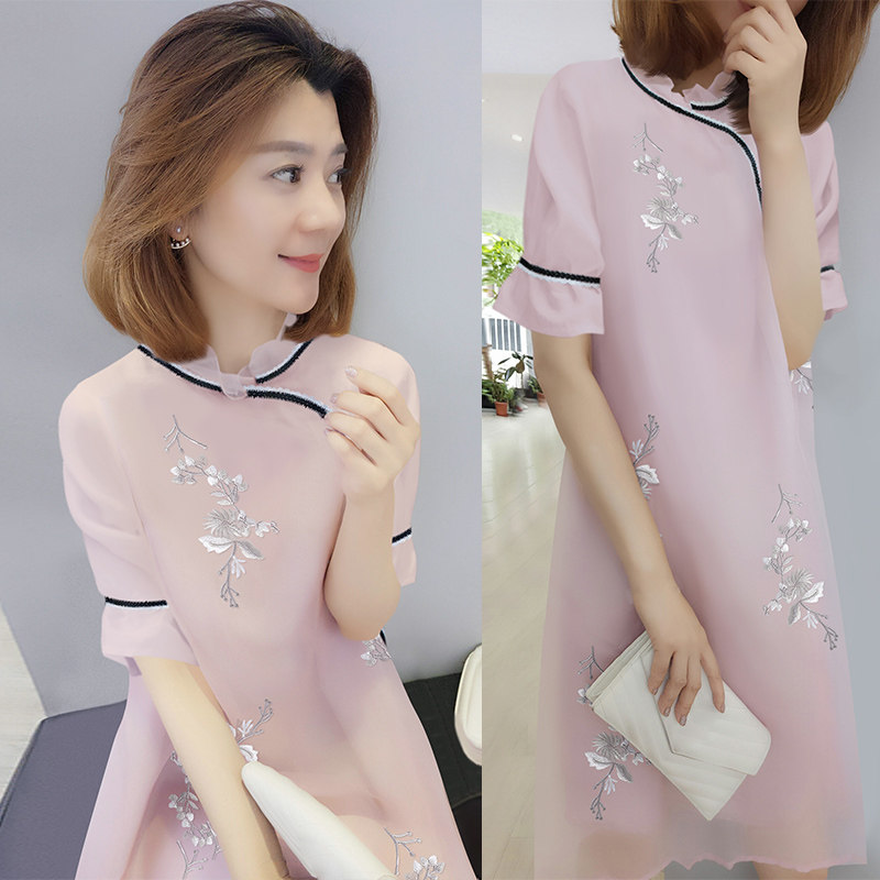 欧洲站2020新款夏装女复古中国风雪纺旗袍改良版连衣裙高级感气质