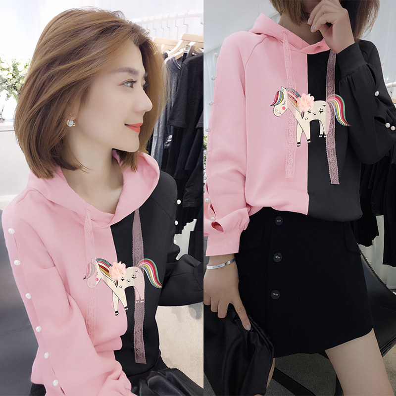 欧洲站2020新款秋装女欧货秋季时髦薄款拼色套头连帽粉红卫衣外套