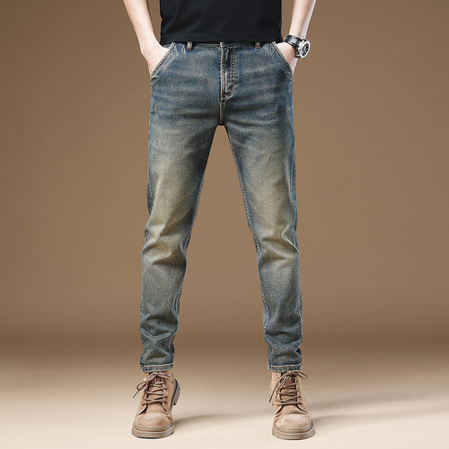 复古牛仔裤男修身直筒泥黄怀旧新款休闲长裤2026春秋做旧小脚潮牌