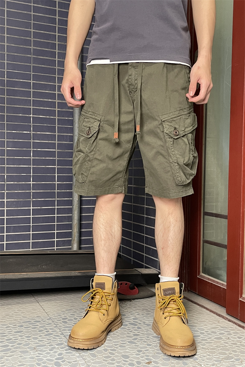 夏季新款薄款宽松直筒工装短裤男款时尚五分松紧腰中裤5分军绿色