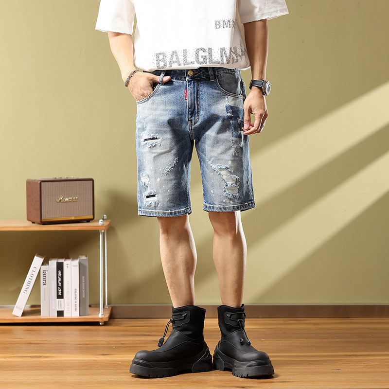 夏季薄款牛仔短裤男修身小脚五分裤潮牌5分中裤休闲马裤补丁乞丐