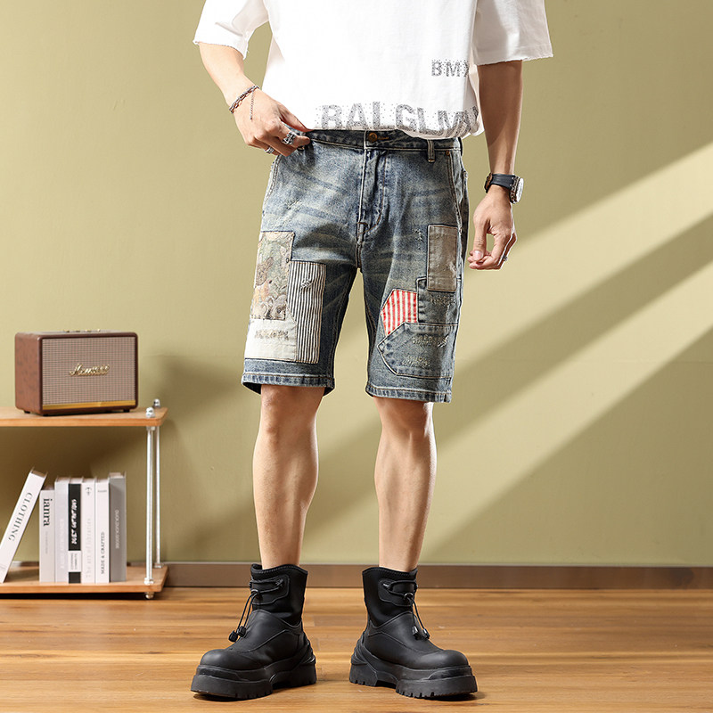 夏季薄款牛仔短裤男修身小脚五分裤潮牌5分中裤休闲马裤补丁乞丐
